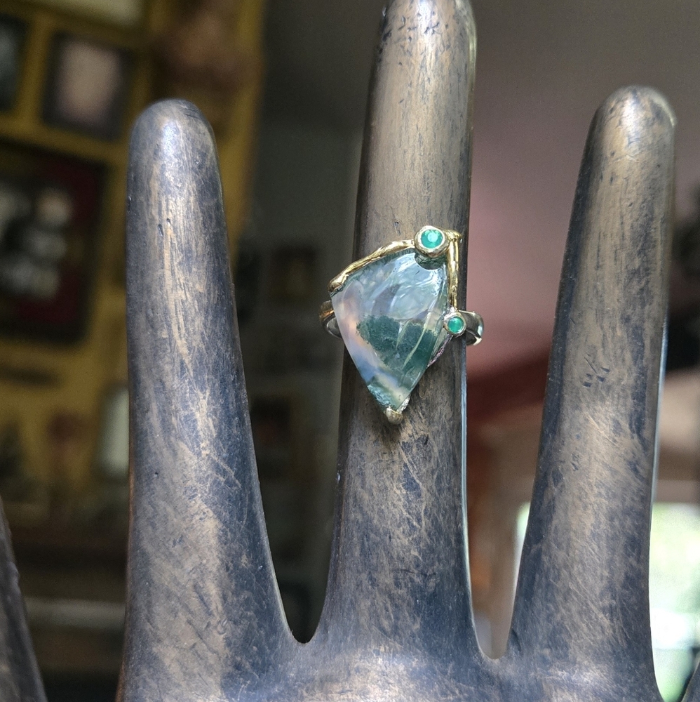 Moss Agate & Green Onyx Natural Gemstone Sterling & Gold Ring Sz7.5 - Picture 4 of 11